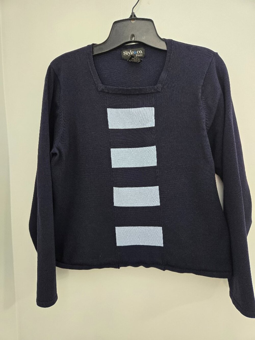 Style & Co Petite Large Blue Colorblock Square Neck Long Sleeve Sweater-Preppy